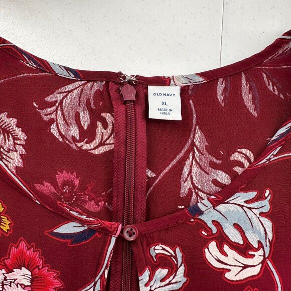 Old Navy Burgundy Floral Short-Sleeve Mini Dress XL Rayon Smocked Boho Cottage - Picture 2 of 11